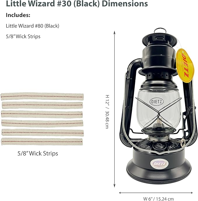 Light of Mine - Dietz #30 Little Wizard Black Oil Lantern with 5/8" Replacement Wick Strips (Black)