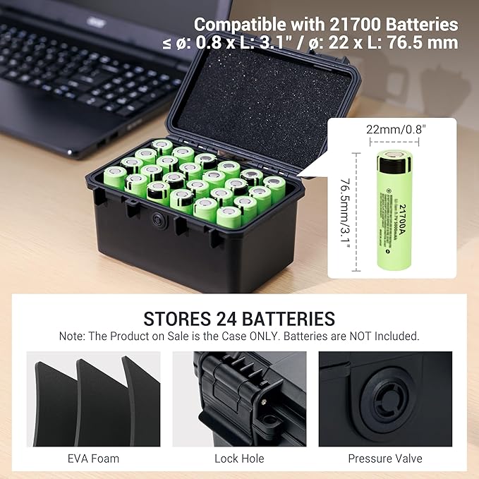 KIWIFOTOS 24 Slots 21700/20700 Battery Storage Case IP67 Waterproof Hard Case Batteries Caddy Organizer Holder for Household & Outdoor Camping (Battery Not Included)