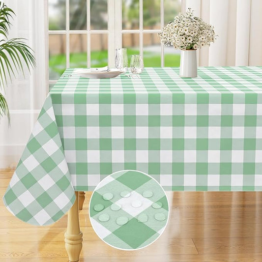 misaya Rectangle Waterproof Vinyl Table Cloth, Buffalo Flannel Backed Tablecloth, Wipeable Plastic Table Cover for Dinner, Kitchen, Outdoor (52" x 70", Sage Green and White)