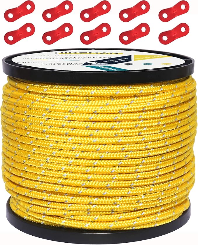 HIKEMAN 50m Reflective Guyline Solid Braid Nylon Camping Rope with Aluminum Adjuster Cord Tensioner Tent Accessory for Outdoor Travel,Hiking,Backpacking and Water Activities (Yellow, 4mm)