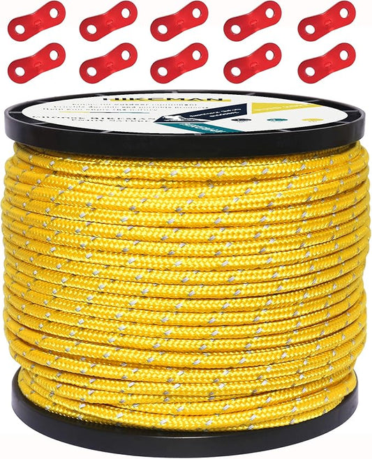 HIKEMAN 50m Reflective Guyline Solid Braid Nylon Camping Rope with Aluminum Adjuster Cord Tensioner Tent Accessory for Outdoor Travel,Hiking,Backpacking and Water Activities (Yellow, 4mm)