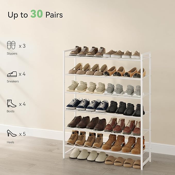 Shoe Rack, Metal Shoe Organizer, 6 Tier Garage Shoe Rack Max Holds 30 Pairs,Shoe Storage Shelf for Closet,Entryway,White