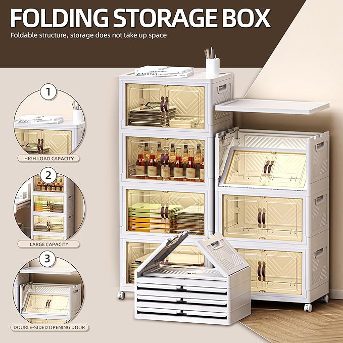 200 QT / 50 Gal Stackable Collapsible Storage Bins (1 Lid) with Magnetic Doors & Wheels - Plastic Cabinet Organizer for Home Office Closet, White Space-Saving Containers