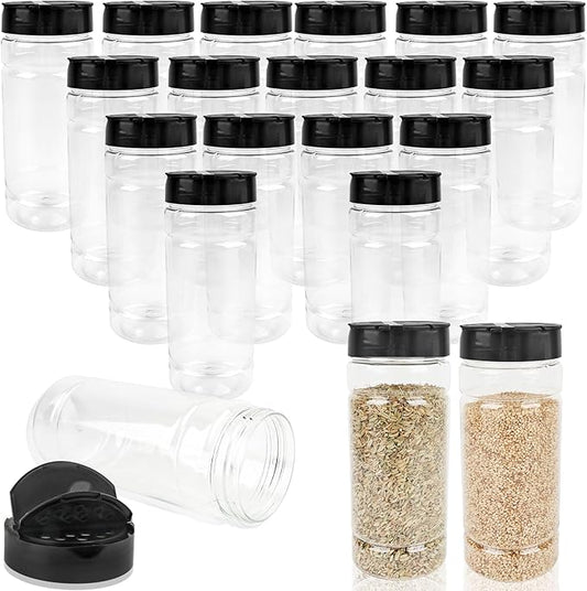 20 Pack 16 oz Plastic Spice Jars with Black Shaker Cap Reusable Seasoning Containers Jars with Shaker Lids Clear Empty Plastic Bottle for Storing Spice Seasoning Powders