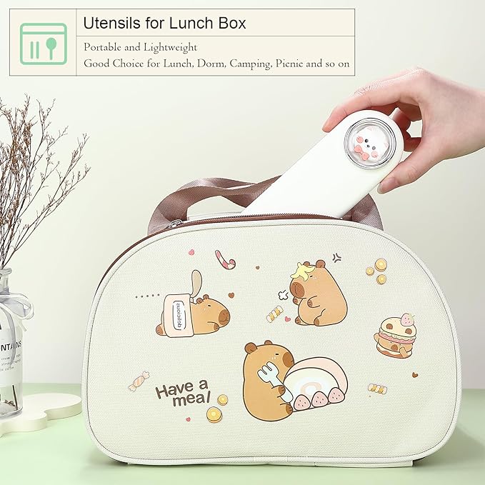 DEVICO Travel Utensils with Case Cute, Reusable Silverware for Lunch, Portable Cutlery Set, 18/8 Stainless Steel Fork Spoon Chopsticks in Cartoon Case, Dishwasher Safe (White)