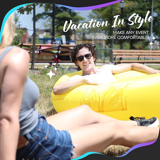 Nevlers Inflatable Lounger | 210T Polyester Inflatable Chair | No-Pump Blow Up Couch | Camping Couch Air Sofa Bed w/ 450 lbs. Cap., Pockets & Matching Bag | Use as Inflatable Couch for Adults & Kids