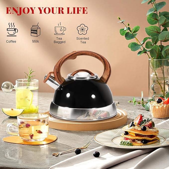 GGC Whistling Tea Kettle for Stove Tops, 3.1QT/3L Tea Kettles for Boiling Water Coffee or Milk, Stainless Steel Tea Pot with Anti-Heat Handle and Simple Touch Button to Control Kettle Outlet
