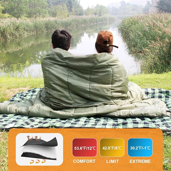Double Sleeping Bag Flannel for Adults with 2 Pillows 2 Person Sleeping Bags Camping XXL Queen Size Two Person Sleeping Bag for Cold Weather