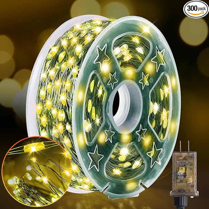 KNONEW 100FT Outdoor Christmas Fairy Lights Plug in,300 LED String Lights Outdoor Waterproof 8 Modes for Wedding Bedroom Walls Garden Trees Decoration(Warm White)