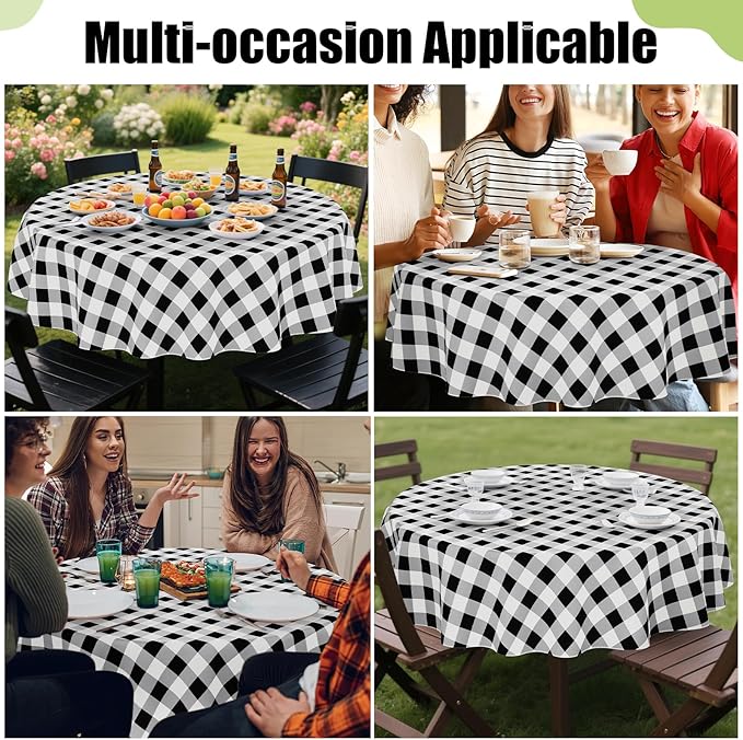 Smiry Round Plastic Table Cloth, Waterproof Vinyl Tablecloth with Flannel Backing, Wipeable Buffalo Plaid Table Cover for Dining, Indoor and Outdoor (Black & White, 60" Round)