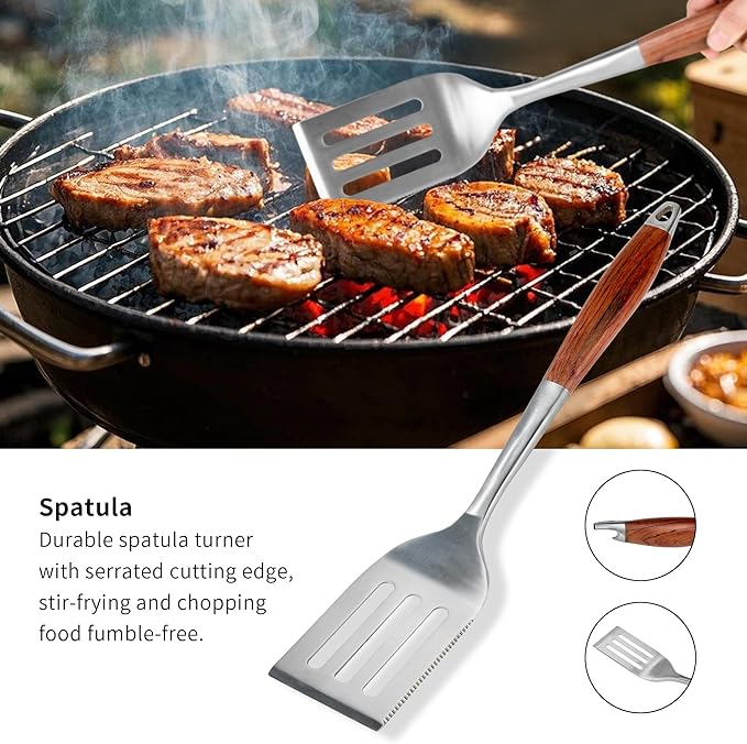 FJNATINH Heavy-Duty Grilling Accessories Rose Wooden BBQ Grilling Tools Set,Outdoor Grill Set with Spatula, Fork, Brush & Tongs,Essential Accessories for Barbecue & Grill. Ideal Gift for Men