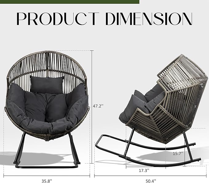 JAMFLY Egg Chair Outdoor Rocking Chairs, Wicker Patio Chair Oversized Lounger Chair with Cushion for Indoor Living Room Bedroom Outside Patio Backyard Balcony, Dark Gray