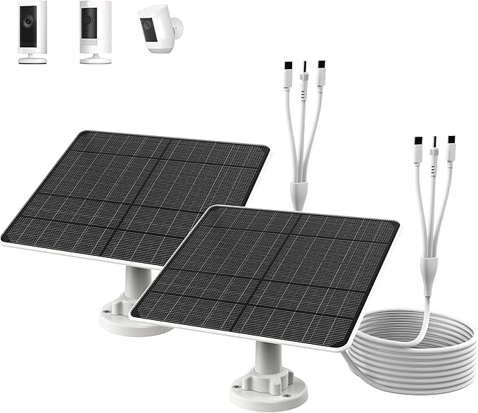 FlexSolar 2 Pack 6W Solar Panel for Security Camera, IP67 Waterproof with 10ft Cable, Dual USB Ports (Type-C/Micro-USB), 360° Adjustable Mount, Outdoor Charging