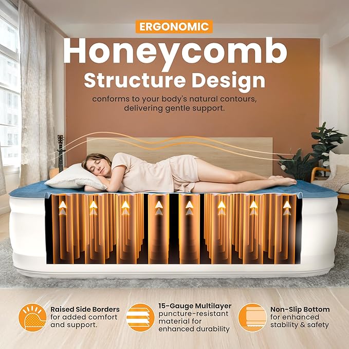 Full Air Mattress, 18” Raised Inflatable Bed with Built-in Pump, Waterproof Velvety Top, Ergonomic Design, Reinforced Support, and Carry Bag for Home, Camping, and Guests