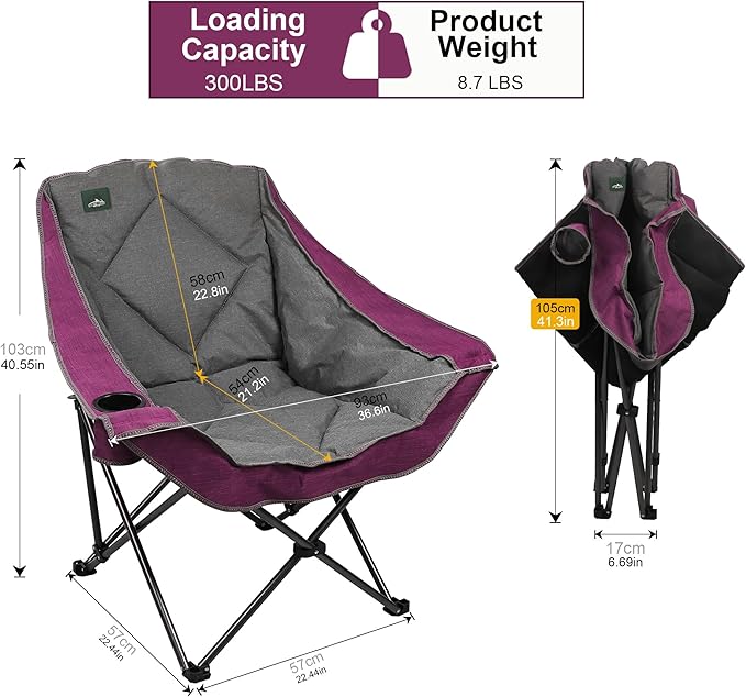 Northroad Oversized Foldable Camping Chair, Outdoor Padded Lawn Chair w/Cup Holder,Carry Bag for Beach, Hiking, and Picnics,Heavy-Duty 300-lbs Capacity, Purple