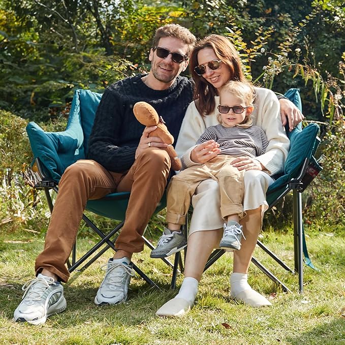 EVER ADVANCED Double Camping Chair for Adults, Padded Folding Camping Love Seat with Side Pocket Portable Camping Couch, Two Person Heavy Duty Folding Outdoor Chair with Cushion,Support 600lbs,Green