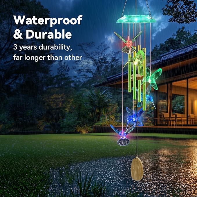 Wind Chimes,Hummingbird Solar Wind Chimes for Outside,Green Gradation Aluminum Tubes Deep Tone Memorial Wind Bell for Garden/Patio Mobiles Decorative Gifts for Mom, Wife, Grandma Neighbors(37" Long)