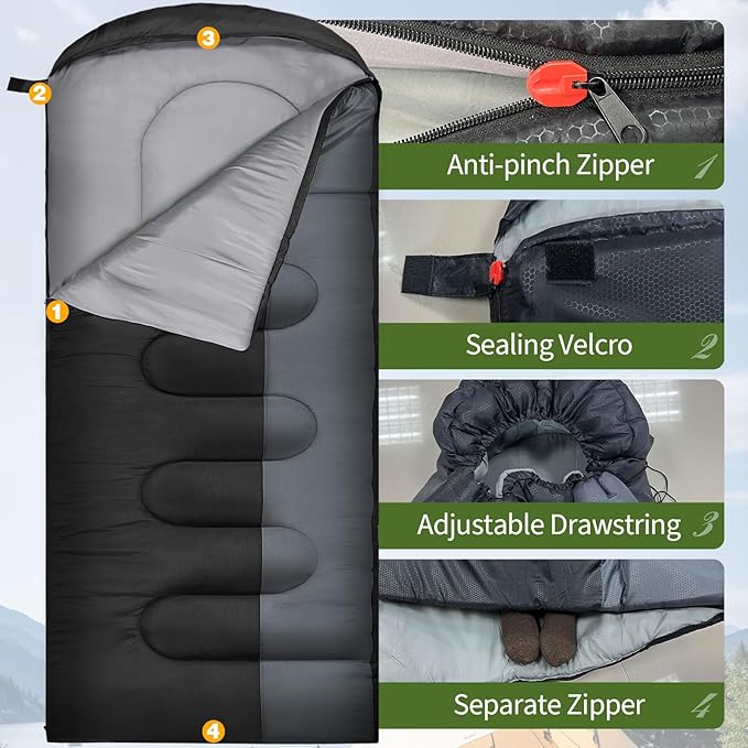 XL 10 Degree Sleeping Bags Waterproof for Adults 350GSM Machine Washable with Compression Sack for 3-4 Season Camping Outdoor