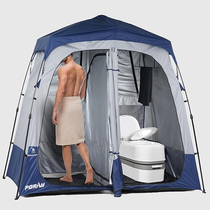 Camping Shower Tent Deluxe Changing Room Easy Set Up Privacy Shelter,Large Toilet Tent with Floor Drain Design for Beach, Camping,Hiking with Stakes and Ropes for Stability