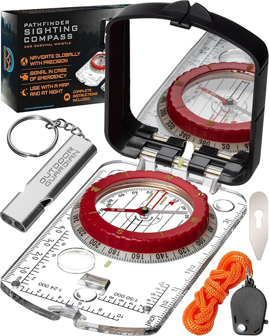 Pathfinder Sighting Compass - Precise Navigation, Hiking and Orienteering Mirror Compass with Luminous Bezel, Adjustable Declination, Clinometer, LED and Survival Whistle, Scout Gifts