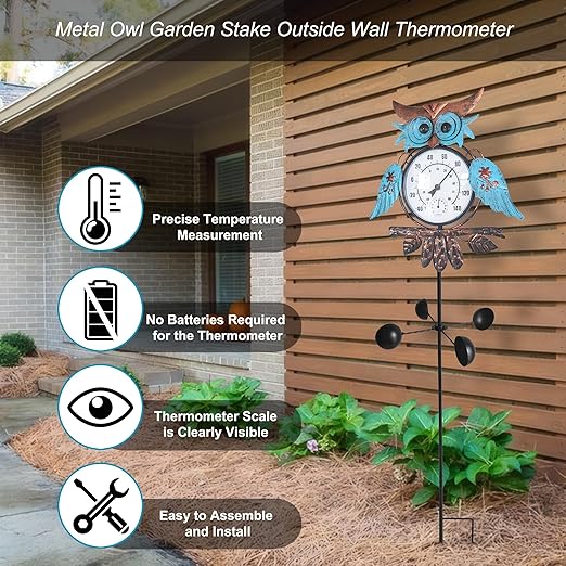 Outdoor Thermometer for Patio - Owl Garden Stake Thermometer with Wind Spinner Design - 60 inch Outside Temperature Gauge for Yard - Easy to Read, Durable & Weatherproof - Garden Decor