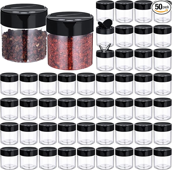 50 Pack 4.7 oz Plastic Spice Jars with Black Cap Empty Clear Plastic Spice Bottle Containers Reusable Seasoning Jars with Shaker Lids for Kitchen Storing and Dispensing Salt Powders