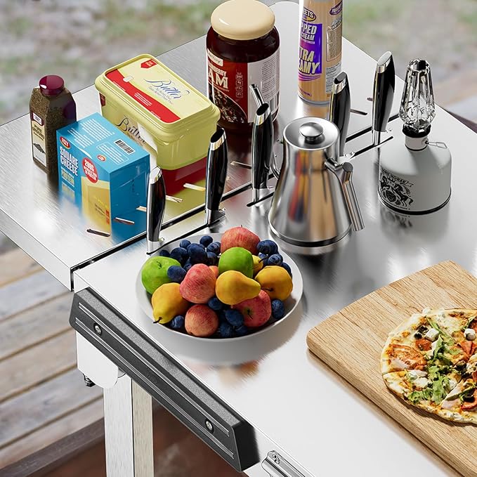 Food Grade 304 Stainless Steel BBQ Grill Table fits Tabletop Griddle, Outdoor Grill Table with 4 Foldable Legs, Portable Grill Stand for RV, Camping, Tailgating