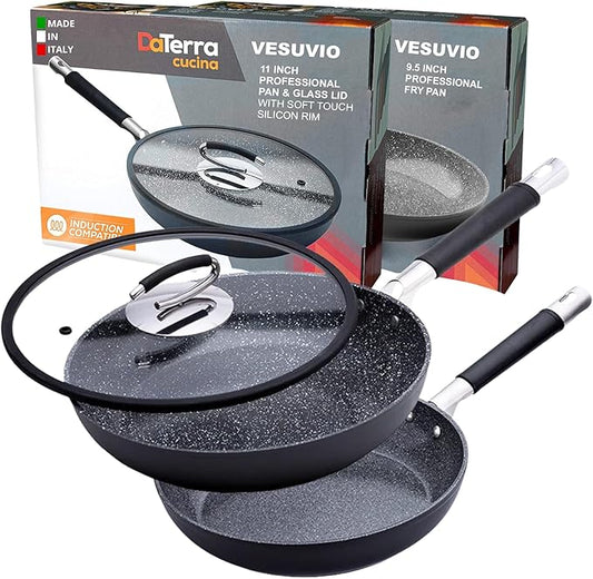 DaTerra Cucina Nonstick Pan Bundle – 9.5" & 11" Ceramic Cooking Pans Nonstick w/Lid - Oven Proof Frying Pan - Induction, Gas, & Electric Cooktops Friendly – Volcanic Black Speckled – Made in Italy