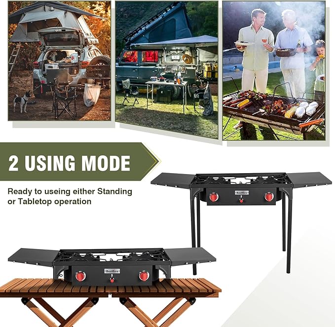 Bestfire 2 burner Camping Stove with Auto Ignition Button,Side Shelves & Regulator150,000 BTU Gas Stove Propane Burner With Removable Legs for Outdoor BBQ&Backyard Cooking Camping Home