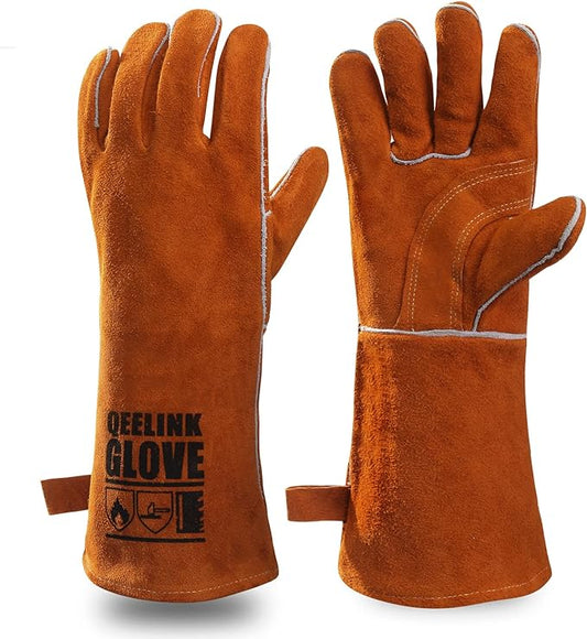 QeeLink Welding Gloves - Heat Resistant Leather and Fireproof Stitching for Fireplace Fire Pit Wood Stove BBQ Gardening Gear