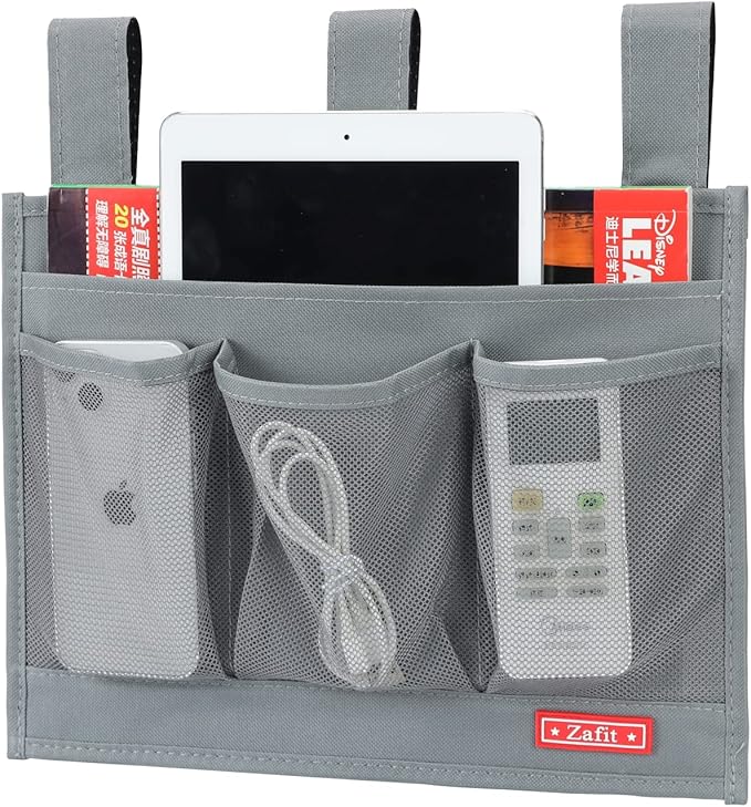 Hanging Bedside Caddy, Bedside Storage Organizer for Magazine, Phone, Remote control (Classic 4 Pockets-Grey)