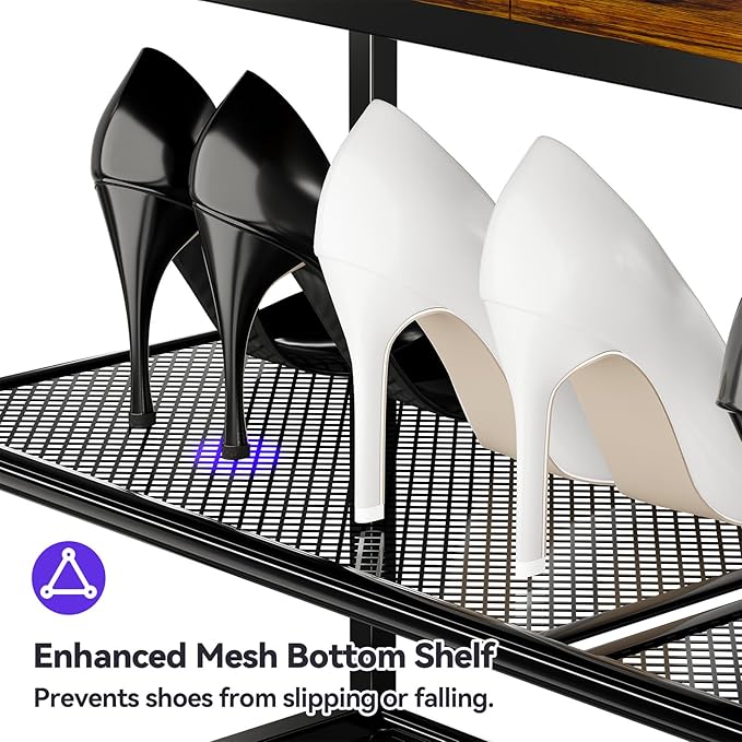 Shoe Rack for Closet, 3 Tier Shoe Organizer for Entryway, Freestanding Metal Storage Shoe Shelf with Wood Top, 8-12 Pairs of Shoes, Rustic Brown Black