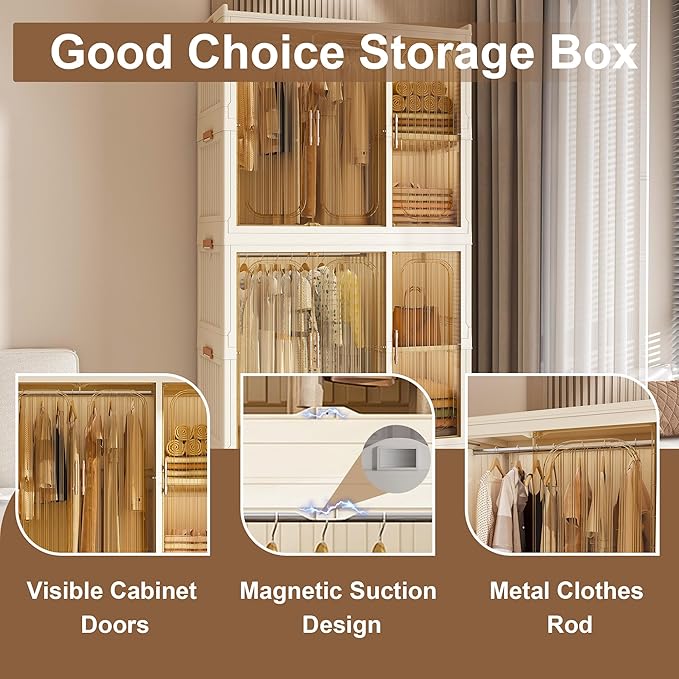 Portable Wardrobe Closet Storage Organizer, Plastic Collapsible Closet Organizer with Transparent Magnetic Door, for Bedroom Living Room,Easy Assemble,7 Cubes & 2 Hanging Rod
