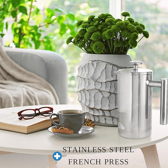 Mixpresso Stainless Steel French Press Coffee Maker 27 Oz 800ml, Double Wall Insulated French Press Stainless Steel, Built-In Thermometer, Easy Clean Tea Brewer, Easy Press Durable Metal Coffee Press