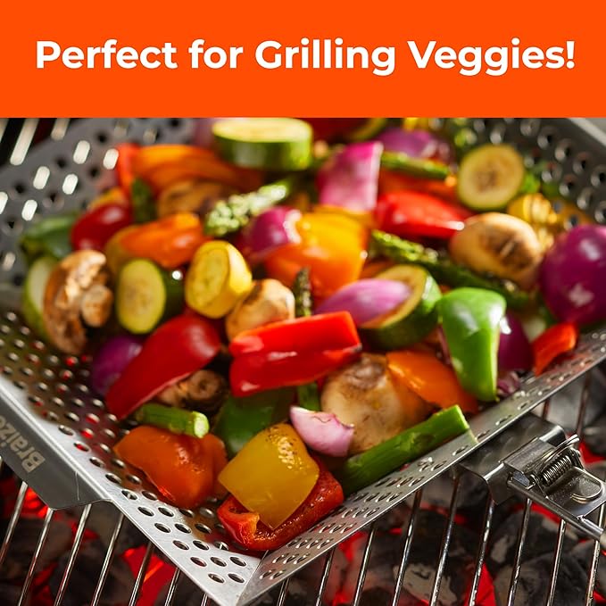 Heavy-Duty Stainless Steel Grill Basket – 12" x 13.75" BBQ Basket with Removable Handle – Large Grilling Basket for Vegetables, Fish & Meat – Includes 4 Bonus Scrub Sponges