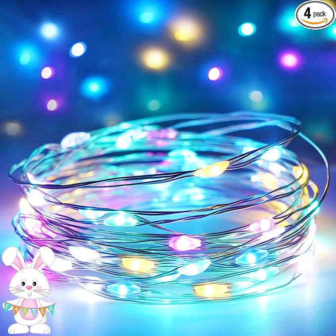 4-Pack Easter Lights Battery Operated, Pastel Fairy Lights with Timer, Waterproof 16FT 50LED Christmas String Light Indoor Outdoor for Easter Home Bedroom Christmas Centerpiece Decoration (Multicolor)