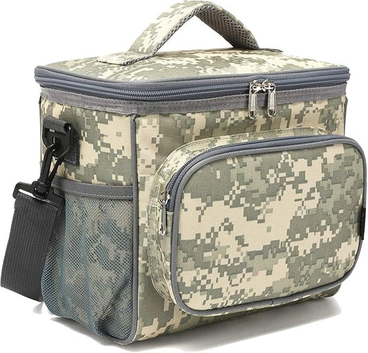 FlowFly Insulated Reusable Lunch Bag Adult Large Lunch Box for Women and Men with Adjustable Shoulder Strap,Front Zipper Pocket and Dual Large Mesh Side Pockets,DigitalCamo
