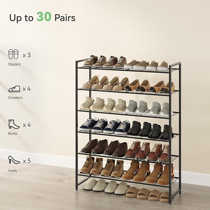 Shoe Rack, Metal Shoe Organizer, 6 Tier Garage Shoe Rack Max Holds 30 Pairs,Shoe Storage Shelf for Closet,Entryway, Black