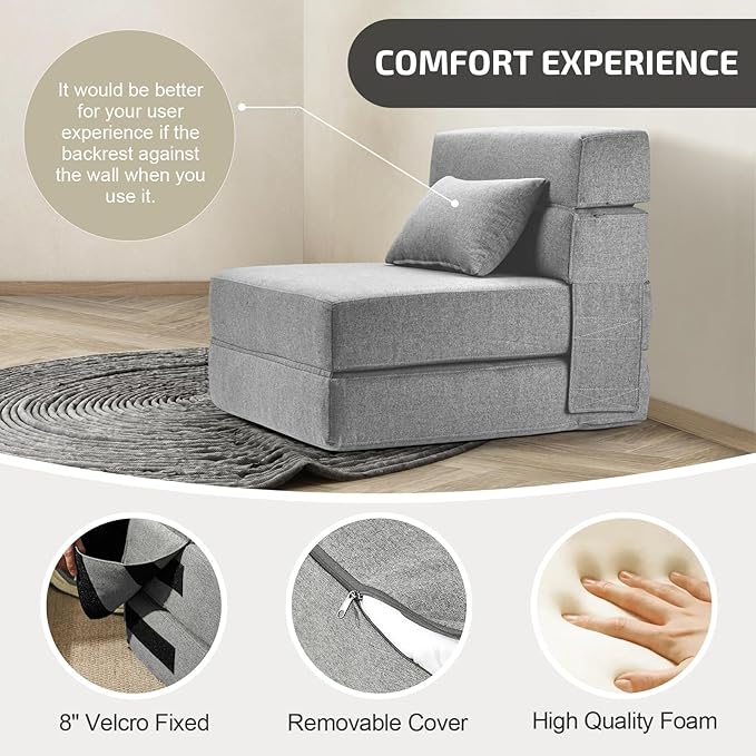 Folding Sofa Bed with Pillow- Convertible Chair Floor Couch & Sleeping Mattress, Foldable Memory Foam Sleeper for Living Room/Dorm/Guest Room/Home Office/Apartment/Loft, Single26, Light Gray