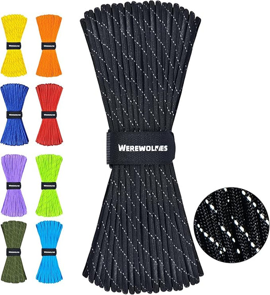 WEREWOLVES Reflective Paracord Rope 7 Strand Type III Parachute Cord 4mm 100ft / 200ft for Tent Camping Hiking Fishing Survival Tactical Clothesline DIY Projects
