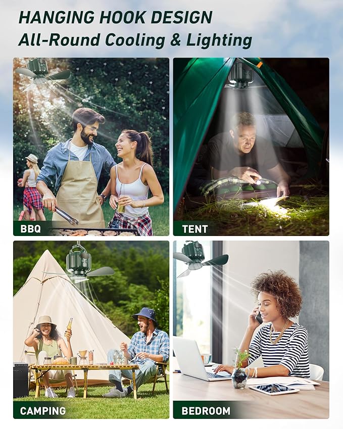 DUKUSEEK Portable Ceiling Fans with Remote Control, Power Bank, USB Battery Operated Camping Fan with Hanging Hook for Canopy Tents, Emergency Survival