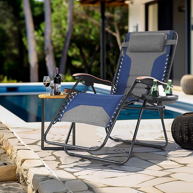 MFSTUDIO Zero Gravity Chairs Set of 2, XL Oversized Outdoor Anti Gravity Chair, Patio Lounge Folding Adjustable Chair with Cup Holder & Padded Headrest, Support 400lbs,Cyan