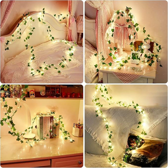 Vine with Fairy Lights for Room Decor, 33ft 100 LED Fake Ivy String Light Battery Operated Ivy Curtain Lights for Dorm, Wedding, Party, Garden, Wall, Patio,Table Decor, Indoor, Outdoor(Warm White)