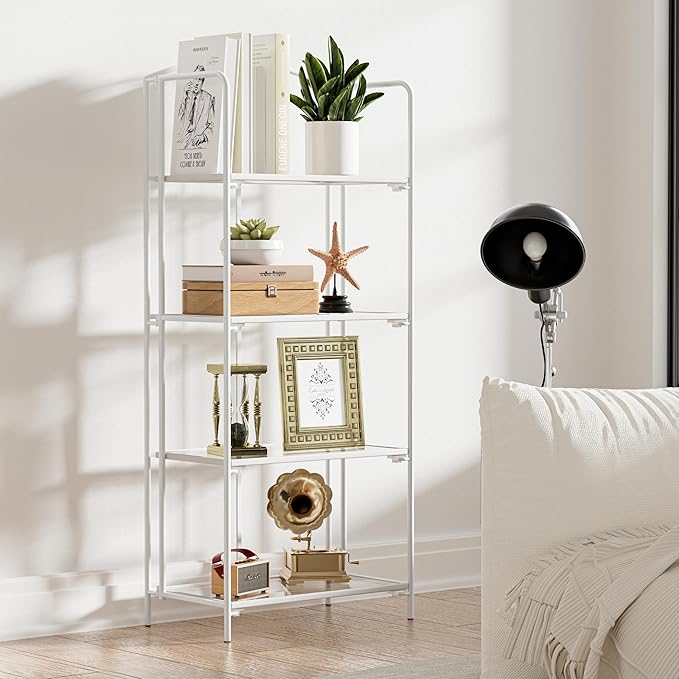 Crofy No Assembly Folding Bookshelf for Living Room, 4 Tier White Collapsible Book Shelf for Home Office, Portable Bookcase Storage Organizer