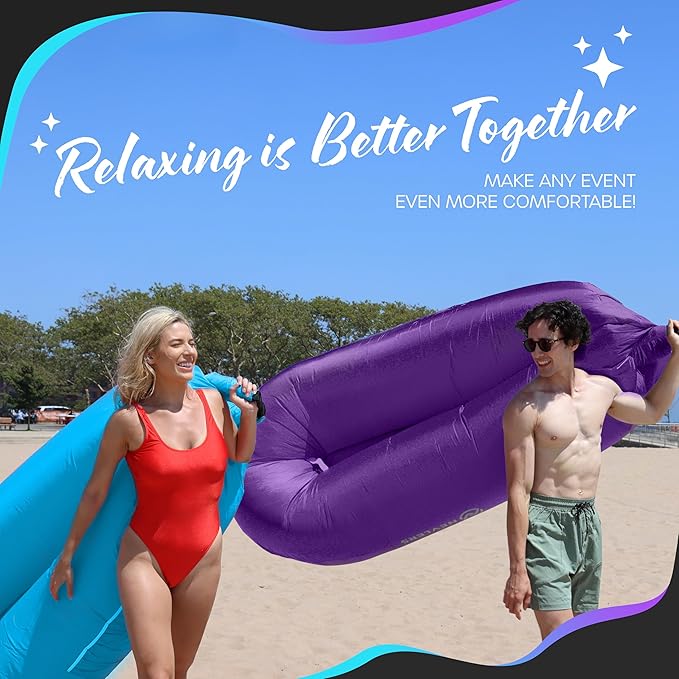 Nevlers 2 Pack Inflatable Loungers Air Sofa Couch | Perfect for Beach Chair Camping Chairs or Portable Hammock |Travel Bag Pouch, Pegs & 3 Pockets| Movie Seating & Camping Accessories Blow Up Lounger