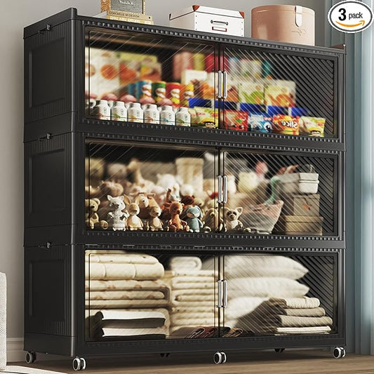 240GAL Extra Large Stackable Storage Bins with Lid, 960QT Plastic Closet Organizer and Storage Cabinet with Wheels and Doors, Folding Storage Box Container for Home Organization, 3Pack Black