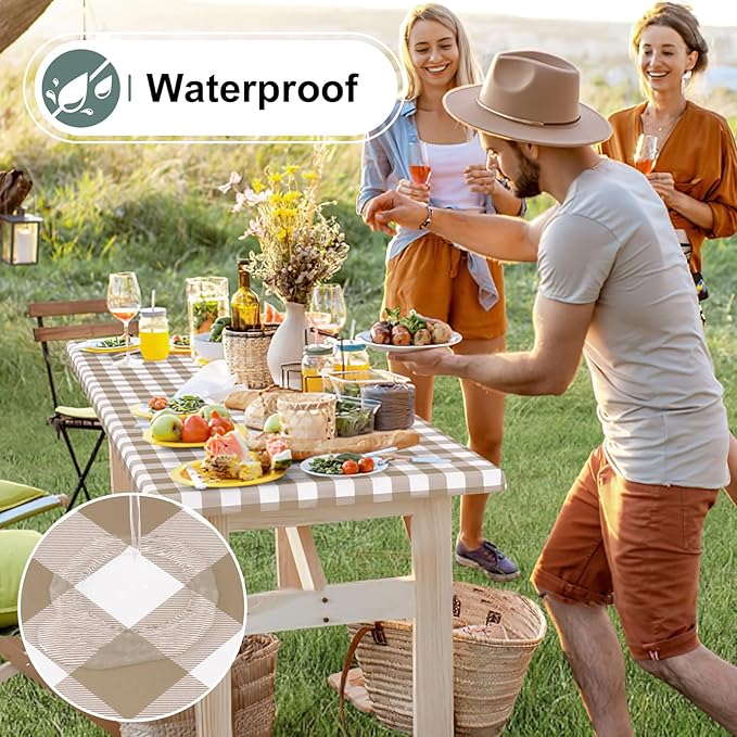 misaya Buffalo Rectangle Picnic Tablecloth, 4 Foot Elastic Fitted Vinyl Table Cloth with Flannel Backing, Waterproof Plaid Table Covers for Dining, Camping, Outdoor (Khaki and White, 24" x 48")