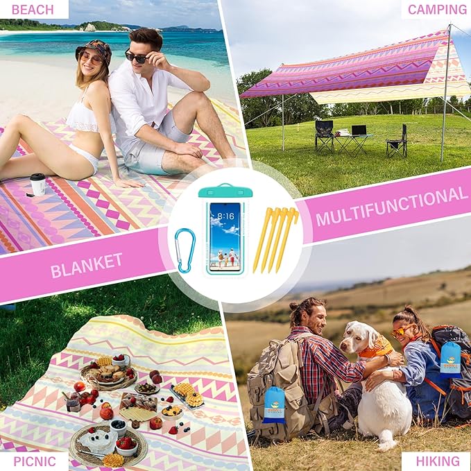 BYDOLL Beach Blanket Waterproof Sandproof 78''×81'' Suits1-4 Adults Compact Lightweight Oversized Sand-Free Blanket Large Picnic Mat for Beach Travel Camping Hiking