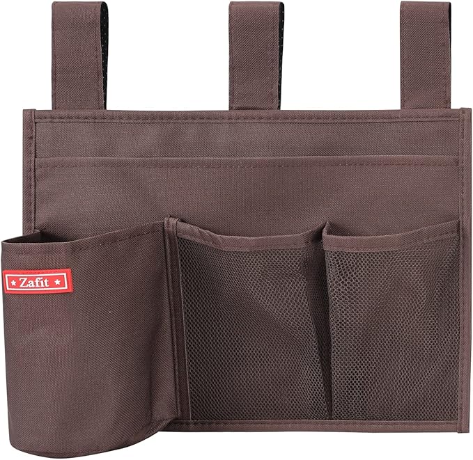 Hanging Bedside Caddy, Bedside Storage Organizer for Magazine, Phone, Remote control (4 Pockets-Coffee)
