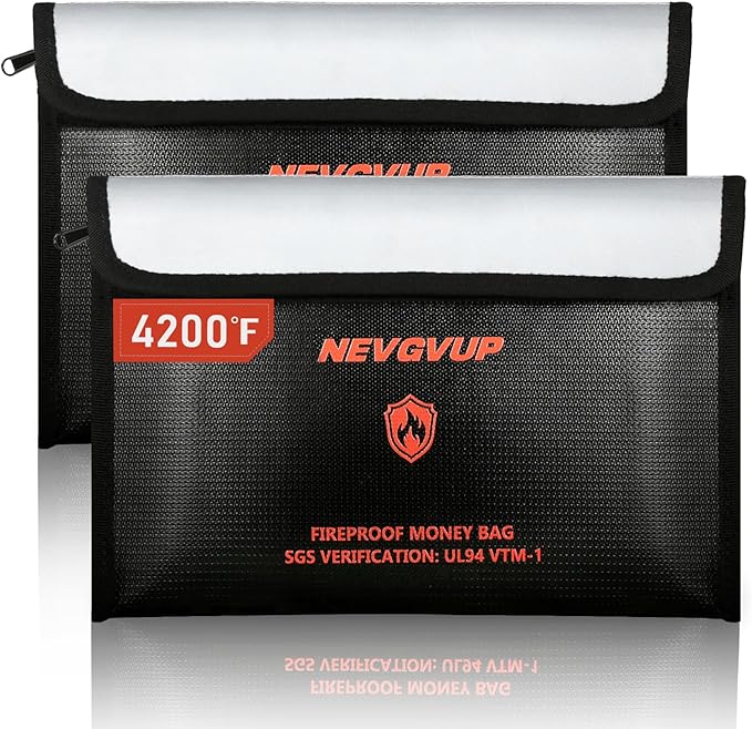 4200°F Fireproof Money Bag - Upgraded Heat Insulated, 9.8 x 6.5" Small Fireproof Document Bags with Waterproof Zipper, fire Water Proof Safe Pouch Set for Valuables, Fireproof Edging, Fire Bag 2packs
